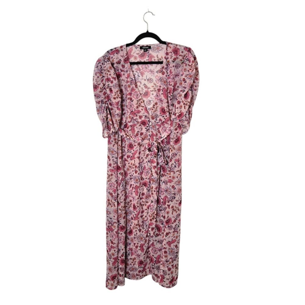Torrid Womens Long Kimono Size 00 M/L Pink Belt Ruffle Sleeves Metallic Sheer